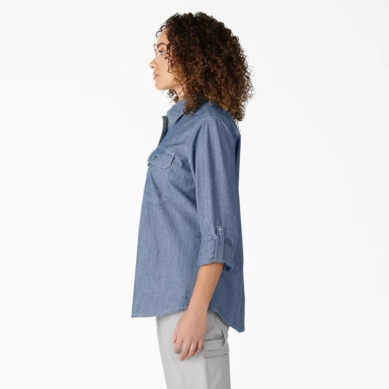 Chemise de travail en chambray à pattes de manchette pour femme Chemise de travail en chambray à pattes de manchette pour femme