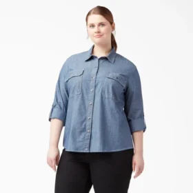 Chemise de travail en chambray à pattes de revers pour femmes, grande taille