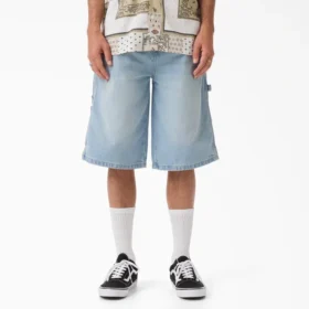 Shorts en denim de charpentier délavé et ample, 33 cm